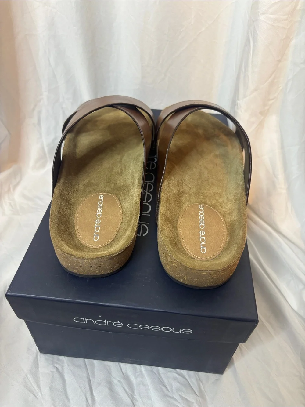 Andre Assous Brown Leather Crisscross Slide Sandals
